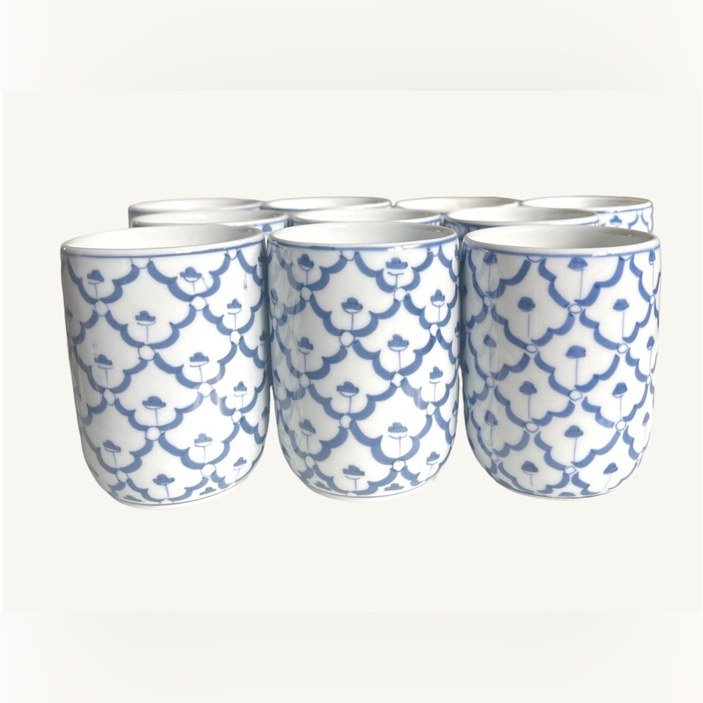 Set of 10 - Square Monument Blue & White Porcelain Tea Cup/Mug Vintage 8 inches